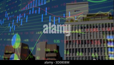 Displaying data overlay over city offices in skyline featuring candlestick bars and line graphs Stock Photo