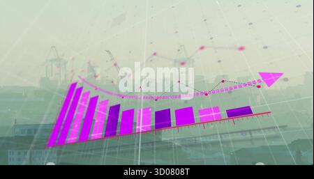 Displaying data overlay harbor port, with container cranes, magenta bars with dotted line arrow Stock Photo
