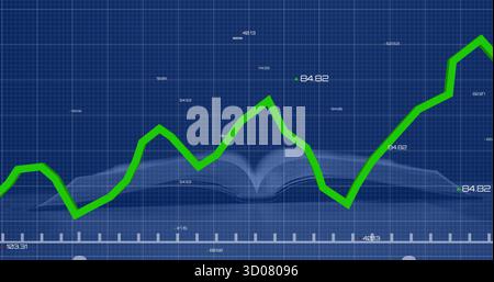 Displaying bright green line graph with numeric labels on blueprint grid overlaying book silhouette Stock Photo