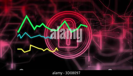 Displaying neon padlock in circles on dark interface with 3 line graphs, glowing circuit nodes Stock Photo