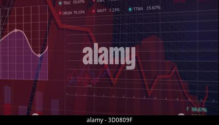 Displaying dashboard on trading screen, with overlaid line graphs, bar charts and percentage labels Stock Photo