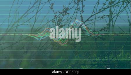 Displaying colored waveform overlay undulating on meadow hillside, with grid lines numeric labels Stock Photo