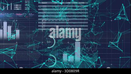 Displaying visualization on blue interface, with network mesh, bar charts, gauges and index table Stock Photo