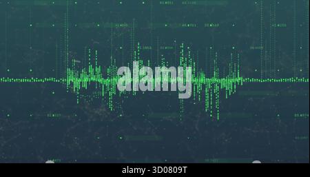 Displaying green waveform and dot clusters spanning display grid, with network mesh and data labels Stock Photo
