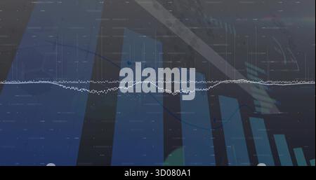 Displaying blue bar chart with white waveform, blue trend line, grid overlays and labels in console Stock Photo