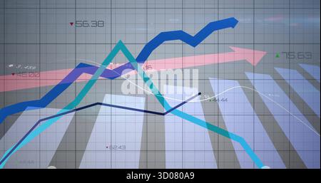 Displaying financial dashboard showing 3D bars rising, colored line graphs, numeric labels Stock Photo