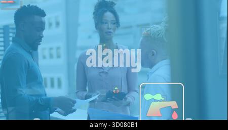 Professionals discussing document and tablet in office near window, with blue binder, data icons Stock Photo