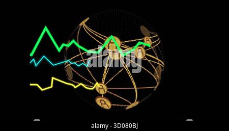Displaying golden wireframe globe in void, with dotted mesh user icon nodes and neon line charts Stock Photo