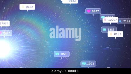 Floating notification bubbles showing heart chat envelope user bell icon counts in cosmic space Stock Photo