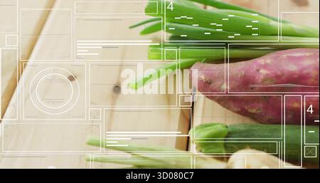 Showing scallions, sweet potato, zucchini, ginger and okra overlaying UI on wood table, copy space Stock Photo