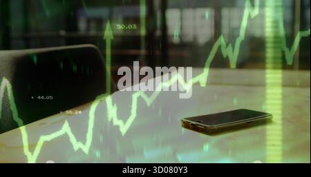 Displaying smartphone resting on wooden meeting table by office chair, with digital chart overlay Stock Photo