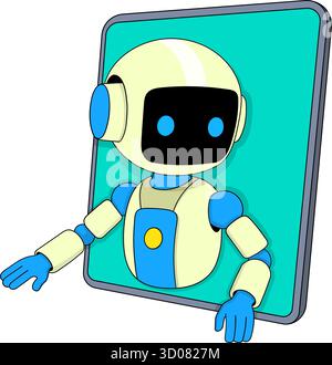 Vector illustration of a cute futuristic robot appearing inside a tablet phone screen, symbolizing artificial intelligence embedded in everyday device Stock Vector