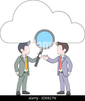 Vector illustration of two cartoon businessmen holding a large magnifying glass with cloud background, symbolizing data analysis and cybersecurity in Stock Vector