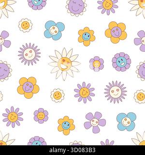 Groovy Retro Seamless Floral Smiley Background Pattern Stock Vector
