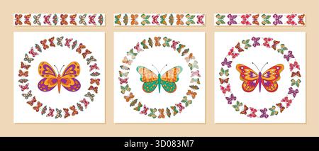 Groovy Retro Floral Butterfly Seamless Border Set Stock Vector