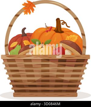 Wicker basket filled with pumpkins, apples, pears, mushrooms. Autumn harvest and thanksgiving Stock Vector