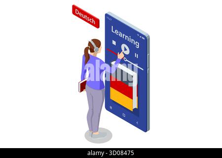 Isometric woman learning German language through mobile AI app. Digital education, online course and language learning technology concept. Stock Vector