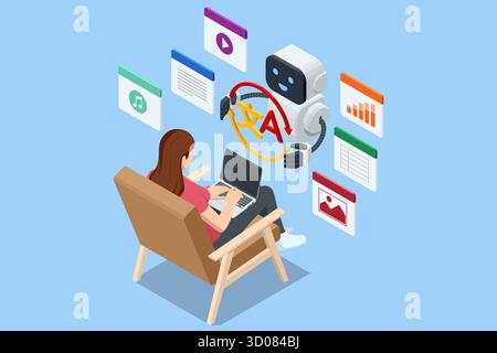 Isometric woman with laptop using AI translation assistant. Concept of artificial intelligence, multilingual communication, and online learning. Stock Vector