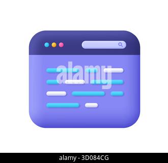 Purple web browser window with code lines. Technology, web development, programming, coding and software concept. 3d vector icon. Cartoon minimal styl Stock Vector