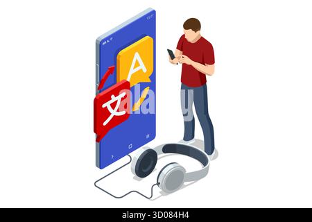 Isometric illustration of people using AI mobile translator app for communication in different languages. Online translation, global connection Stock Vector