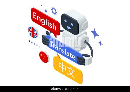 Isometric AI robot translator switching between English and Chinese languages. Concept of smart translation, technology and artificial intelligence Stock Vector
