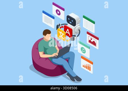 Isometric man using laptop with AI translation robot assistant. Concept of artificial intelligence, communication and multilingual education. Stock Vector
