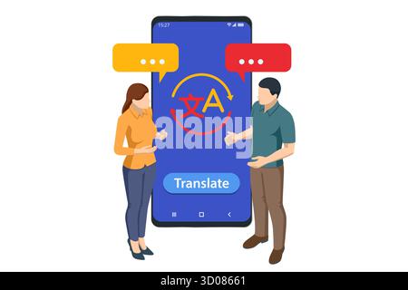 Isometric illustration of two people using AI mobile translator app for communication in different languages. Online translation, global connection Stock Vector