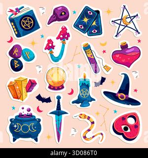 Set of vector magic item icon. Magical or supernatural collection. Esoteric mystic, witchcraft spell tool for Halloween. Cauldron and pentagram, book and love potion, Ouija pointer, candle, tarot card Stock Vector
