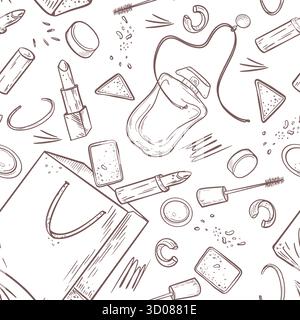 Different Cosmetics vector monochrome outline seamless pattern. Drawing line art shopping bags, mascara, lipsticks and makeup palette on endless Stock Vector