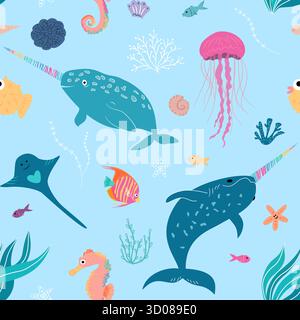 Bright seamless pattern on blue background featuring large narwhals, stingrays, jellyfish, seahorses, needlefish, tropical fish, shells and corals, ideal for textiles, kids designs and wrapping paper. Stock Vector