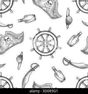 Seamless pattern on a pirate theme. Black and white graphics, handmade vector illustrations. For children s games and celebrations. For textiles Stock Vector