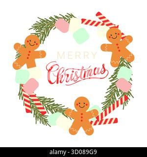 Merry Christmas card, lettering and round frame with fir wreath made of gingerbread cookies, marshmallows, and wafer rolls, festive winter design. . V Stock Vector