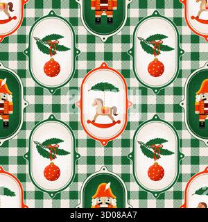 Retro-style Christmas Seamless Pattern with Christmas Decorations in frames. Vector illustration Stock Vector