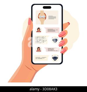 Chat conversation on smartphone screen held by hand displaying diverse messages vector Stock Vector