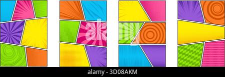Comic book frames. Manga book template. Pop art cartoon panels for storyboards. Colored pages for anime background with speed lines and explosion Stock Vector