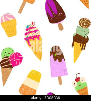 Crayon ice cream seamless pattern with colorful hand drawn frozen treats. Vibrant waffle cones, popsicles and soft desserts with rough pastel textured brushstrokes for summer textile or packaging. Stock Vector