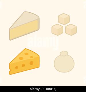 A curated group shows a cut wedge, small cubes, and a tied round suggesting fresh soft cheese varieties Stock Vector