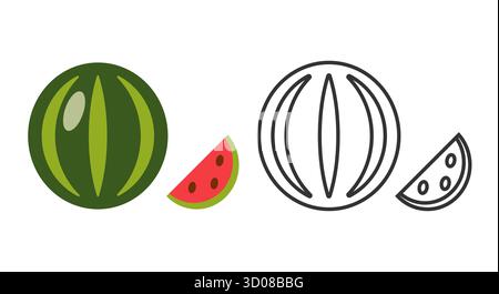 This artwork highlights vibrant watermelon line icons including whole, sliced, and quartered fruits. Perfect for summer themes or fruit-related designs and projects. Stock Vector