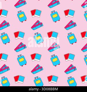 A colourful seamless pattern of cartoon suitcases, travel bags, and polaroid style photos on a light pink background. The vector design has a y2k aesthetic. Stock Vector