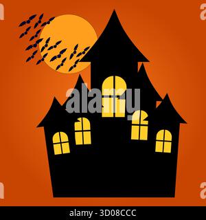 A spooky silhouette of a haunted house with glowing windows, surrounded by flying bats and a bright orange full moon. Creating a perfect eerie atmosph Stock Vector