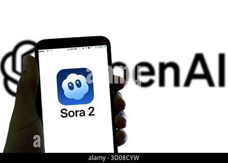 Barcelona, Spain. 20th Oct, 2025. In this photo illustration the logo of the generative video social media app Sora 2 by Open AI is seen on a mobile phone display. (Photo by Davide Bonaldo/Sipa USA) Credit: Sipa USA/Ģ����ý Live News Stock Photo