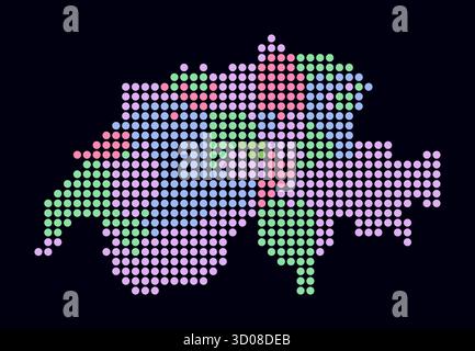 Switzerland dotted map. Digital style map of the country on dark background. Switzerland shape with circle dots. Colored dots style. Stock Vector