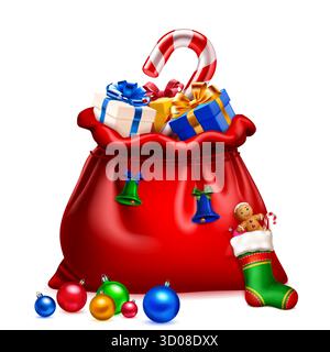 A large red Santa sack, filled with wrapped presents in white, yellow, and blue, topped by a striped candy cane. Two bells, one green and one blue, ha Stock Vector
