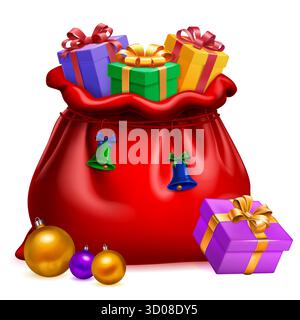 A classic red Santa sack overflowing with vibrant presents in purple, green, and gold. Adorned with hanging bells and surrounded by shiny baubles, on Stock Vector