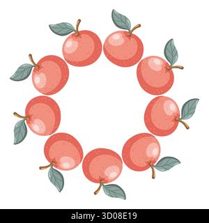 Round frame with orange tangerines and green leaves in harvest style. Vector isolated illustration on white background.  Stock Vector