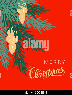 Merry Christmas. Red poster, fir branches with Christmas tree decorations, icicles. Vector illustration Stock Vector