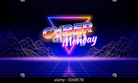 Cyber monday retro futuristic neon offer banner. Sale poster, promotion. 80s style, neon color. Shining triangle, laser grid, wireframe mountain Stock Vector