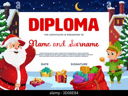 Kids Christmas diploma template with Santa Claus and happy smiling elf, red bag with gift boxes on winter snow. Night blue sky and snowy houses, decorated pine trees, holiday certificate Stock Vector