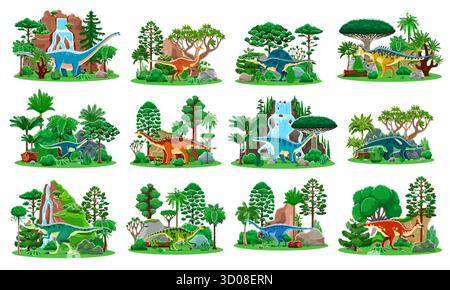 Cartoon dinosaurs characters of prehistoric dinos in jungle forest with mountains and waterfalls. Funny vector personages of oxalaia, pelecanimimus and kileskus dinosaurs. Extinct dino reptiles set Stock Vector