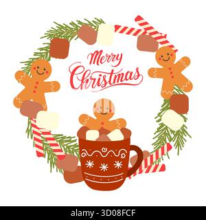 Merry Christmas card hot chocolade, lettering and round frame with fir wreath made of gingerbread cookies, winter drink, marshmallows, and wafer rolls Stock Vector